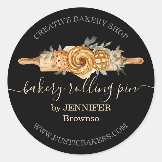 Rolling Pin Bakery Cookies Breads elegant black Classic Round Sticker (Front)