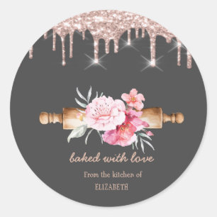 Rolling Pin Flowers Rose Gold Drips Bakery   Classic Round Sticker