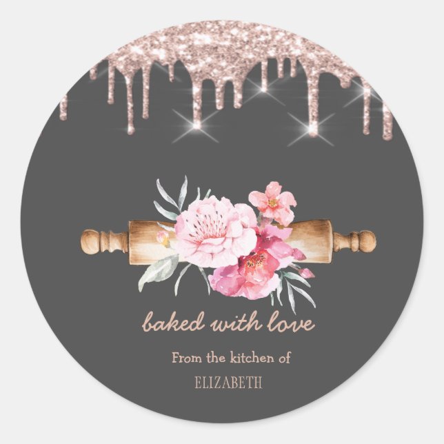 Rolling Pin Flowers Rose Gold Drips Bakery   Classic Round Sticker (Front)