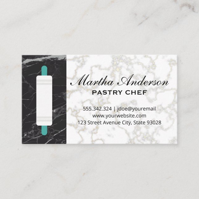 Rolling Pin | Gold White Marble | Black Marble Business Card (Front)
