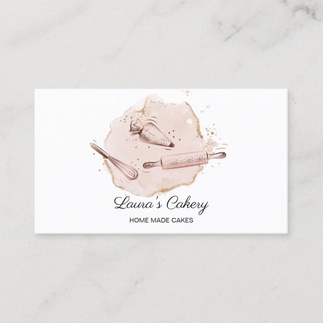rolling pin & whisk cupcake Bakery blush pink Busi Business Card (Front)