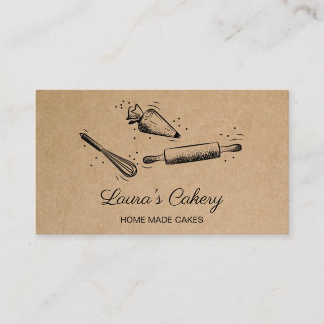 rolling pin & whisk cupcake Bakery Craft Paper Business Card (Front)