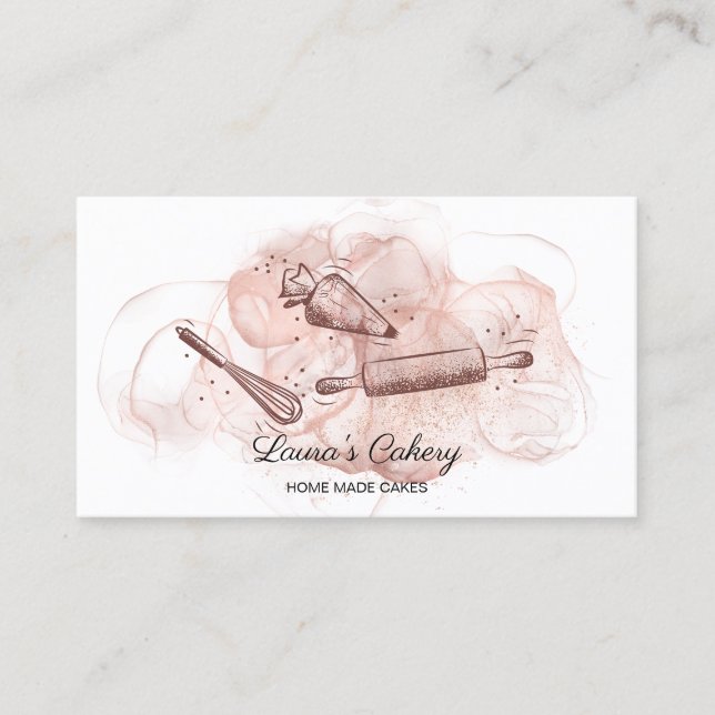 rolling pin & whisk cupcake Bakery Dripping Gold B Business Card (Front)