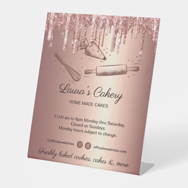rolling pin & whisk cupcake Bakery Dripping Gold B Pedestal Sign (Front)
