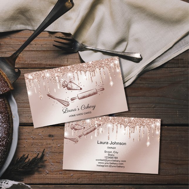 rolling pin & whisk cupcake Bakery Dripping gold Business Card (Creator Uploaded)