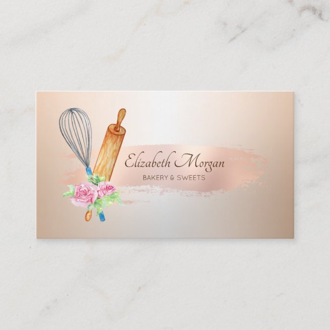 Rolling Pin Whisk Rose Gold Brush Stroke Business Card (Front)