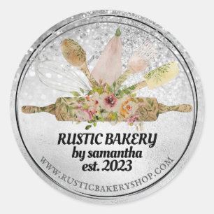 rolling pin whisk rustic bakery silver classic round sticker