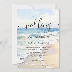 Rolling Waves Destination Watercolor Beach Wedding Invitation