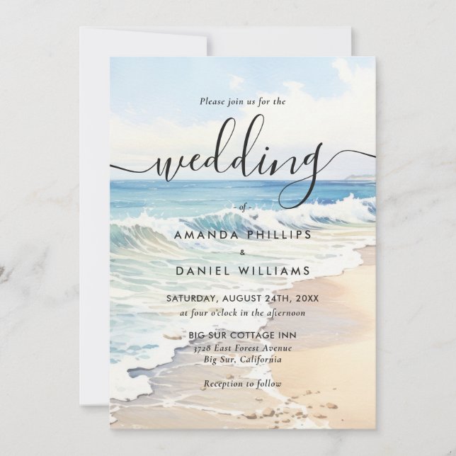 Rolling Waves Destination Watercolor Beach Wedding Invitation (Front)