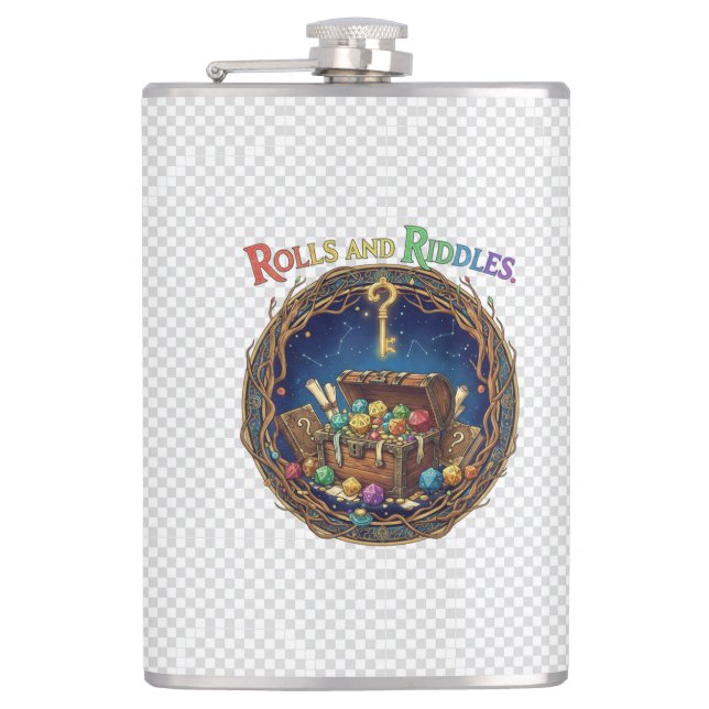 Rolls and Riddles – Luck Meets Logic T-Shirt Hip Flask (Front)