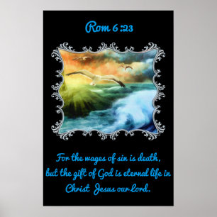 Rom 6:23 With seagulls flying over the open sea Poster