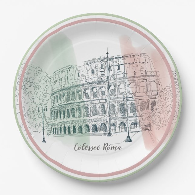 Roman Colosseum Italian Flag Colours Pen and Ink Paper Plate (Front)