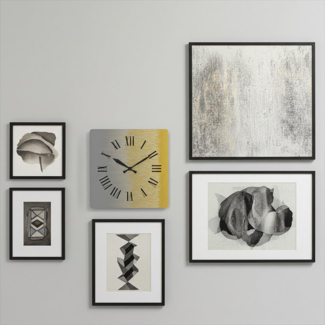 Roman Hour Markers, Black on Gold and Silver Hues Square Wall Clock (Creator Uploaded)