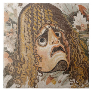 Roman mosaic, with mask, leaves and fruit tile