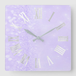 Roman Numbers Silver Gray Lavender Glitter Glam Square Wall Clock