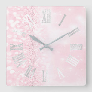 Roman Numbers Silver Gray Pink Glitter Girly Square Wall Clock