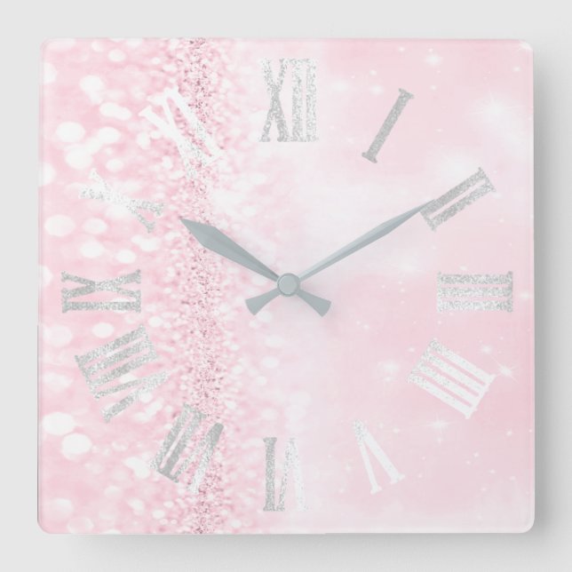 Roman Numbers Silver Gray Pink Glitter Girly Square Wall Clock (Front)