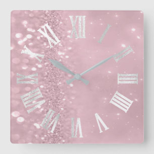 Roman Numbers Silver Gray Pink Glitter Glam Square Wall Clock