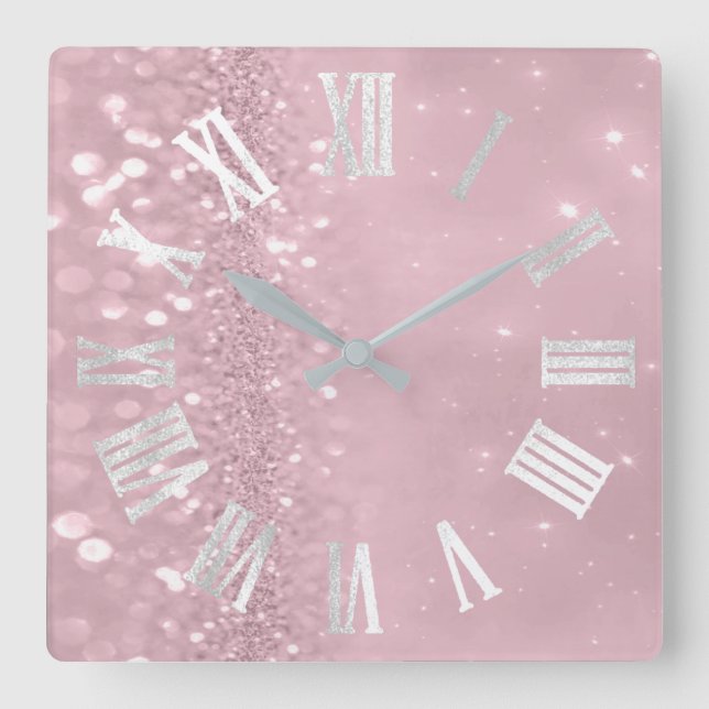 Roman Numbers Silver Gray Pink Glitter Glam Square Wall Clock (Front)