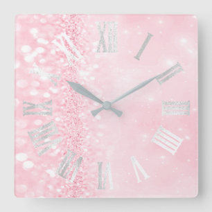 Roman Numbers Silver Gray Pink Glitter Glam Square Wall Clock