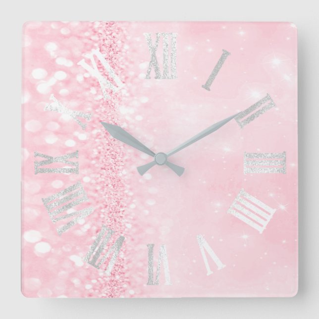 Roman Numbers Silver Gray Pink Glitter Glam Square Wall Clock (Front)