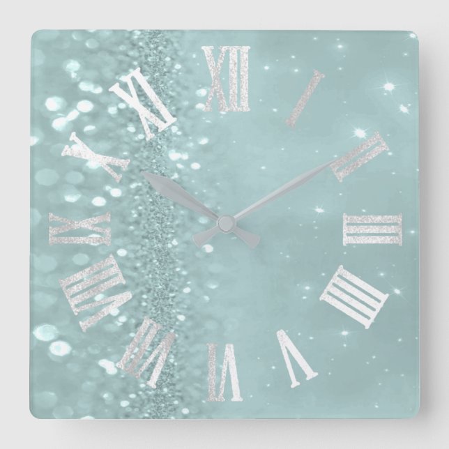 Roman Numbers Silver Gray Teal Mint Glitter Glam Square Wall Clock (Front)
