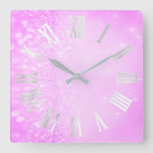 Roman Numbers Silver Grey Bright Pink Glitter Square Wall Clock