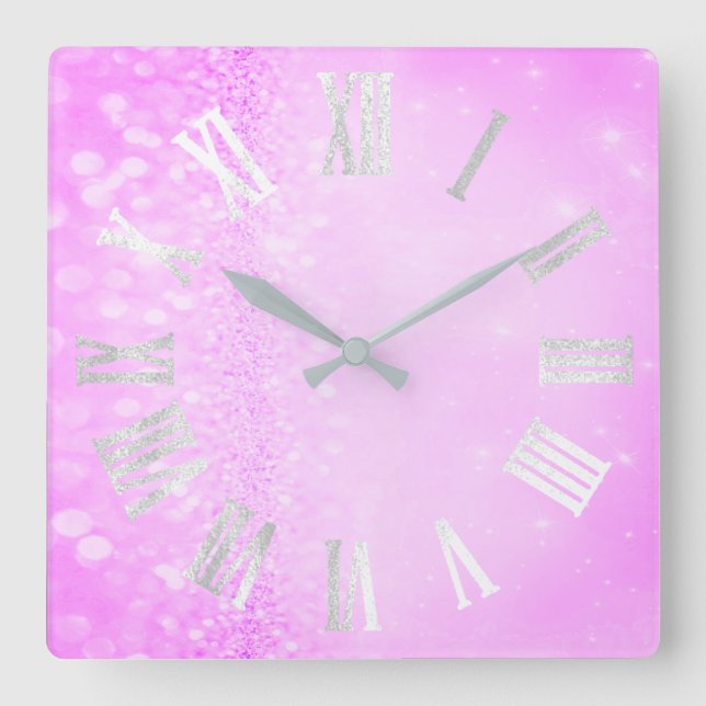 Roman Numbers Silver Grey Bright Pink Glitter Square Wall Clock (Front)