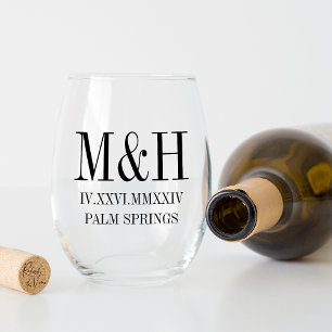 Roman Numeral Date, Initials, City Wedding Favor Stemless Wine Glass