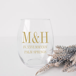 Roman Numeral Date, Initials, City Wedding Favour Stemless Wine Glass