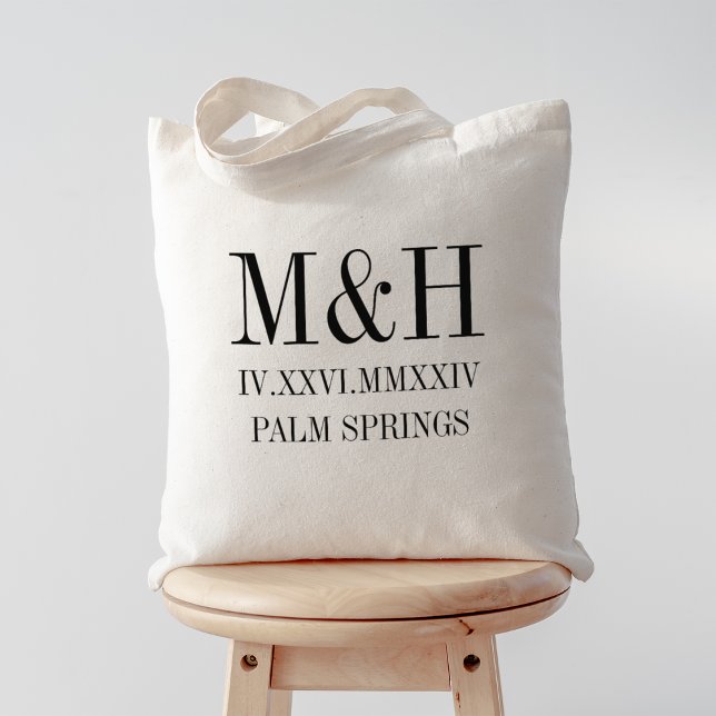 Roman Numeral Date, Initials, City Wedding Welcome Tote Bag (Creator Uploaded)