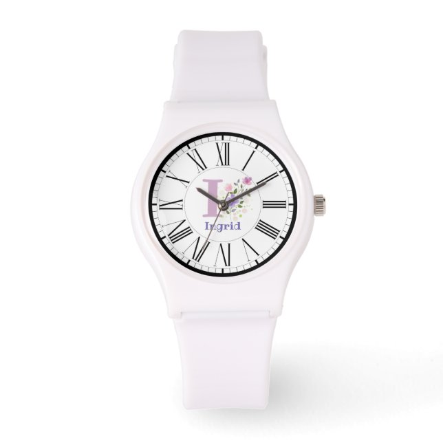 Roman Numeral Design with Initial and Name Ingrid Watch (Front)