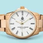 Roman Numeral Monogram Couple names Watch<br><div class="desc">Personalized Roman Numeral Monogram Couple’s Custom Names & Initials Elevate your style with this elegant and timeless couple’s watch, featuring classic Roman numerals and a personalized monogram with names and initials. This sophisticated timepiece is a perfect gift for weddings, anniversaries, Valentine’s Day, or any special occasion. Designed for couples who...</div>