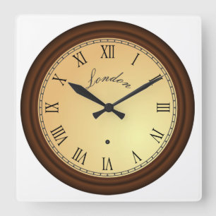 Roman Numeral Simulated Wood Frame London Square Wall Clock