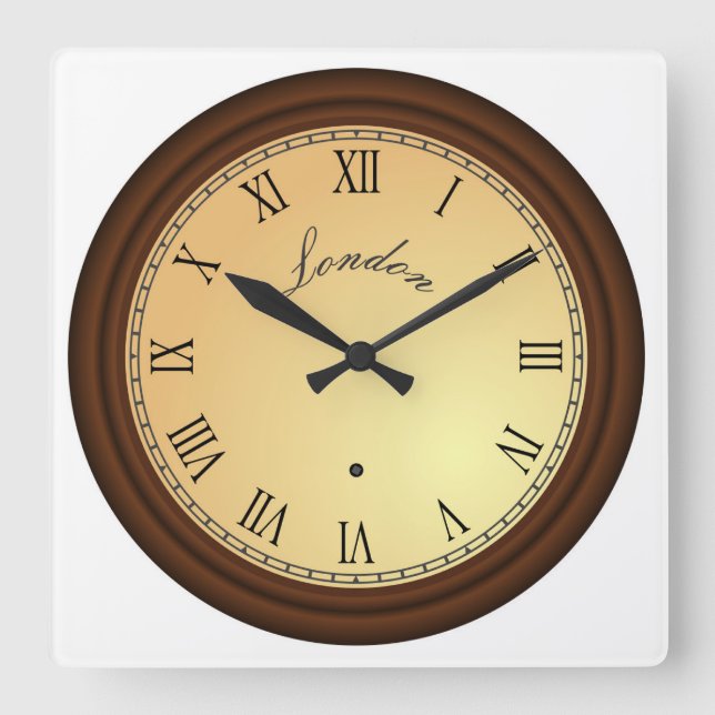 Roman Numeral Simulated Wood Frame London Square Wall Clock (Front)