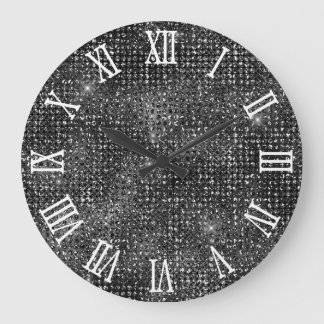 Roman Numerals Black Disco Glitter Large Clock