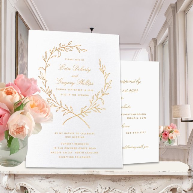 Roman Olive Leaf Wreath Wedding Gold 5x7 Invite (Creator Uploaded)