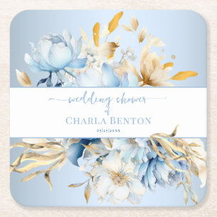 Romance Blue Floral Gold Wedding Shower Square Paper Coaster