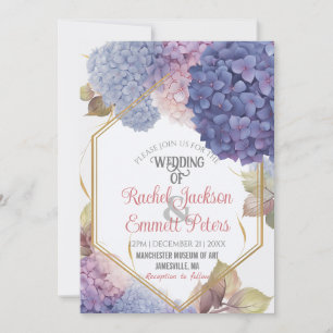Romance Blue Hydrangea Blooms Wedding Gold Frame Invitation