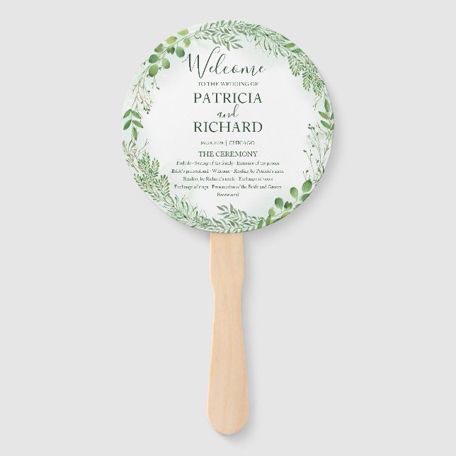 Romance Greenery Wedding Wedding Round Program Hand Fan (Front)