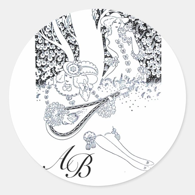ROMANCE /ROMANTIC LOVERS BLACK WHITE MONOGRAM CLASSIC ROUND STICKER (Front)