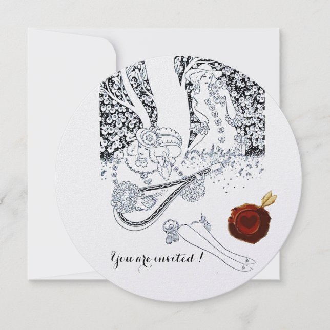 ROMANCE,ROMANTIC LOVERS RED WAX SEAL Black White Invitation (Front)