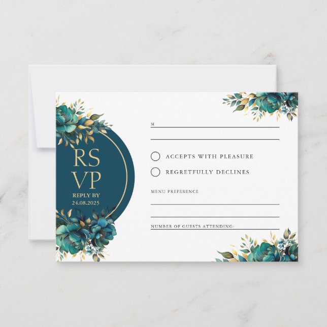 Romance RSVP turquoise flowers with gold accents (Front)