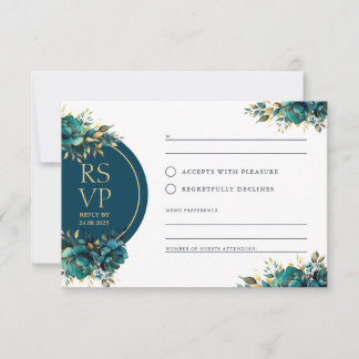 Romance RSVP turquoise flowers with gold accents Card