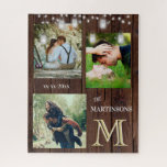 Romance Rustic Custom Monogram Photos Lights Jigsaw Puzzle<br><div class="desc">This jigsaw puzzles could just as easily spell out LOVE -- with a rustic wood texture background; twinkling lights; three of your wonderful photos -- a date -- a family name and a UNIQUE LAYERING OF THE MONOGRAM -- look closely and you will see three colors, which gives it the...</div>