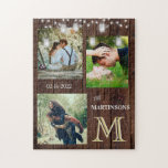 Romance Rustic Custom Monogram Photos Lights  Jigsaw Puzzle<br><div class="desc">This jigsaw puzzles could just as easily spell out LOVE -- with a rustic wood texture background; twinkling lights; three of your wonderful photos -- a date -- a family name and a UNIQUE LAYERING OF THE MONOGRAM -- look closely and you will see three colors, which gives it the...</div>