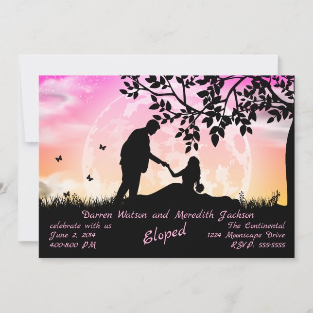 Romance under Pink Orange Moon Elopement Invitation (Front)