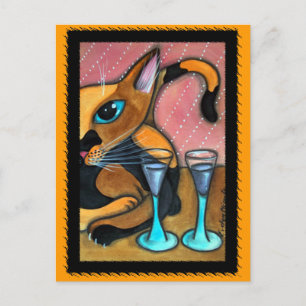 Romancing Cat and Wine Glasses Postcard