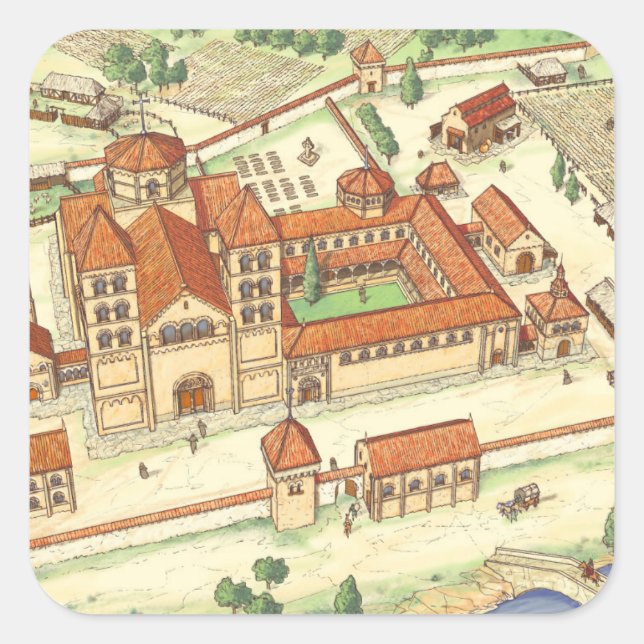 Romanesque Abbey. Model Square Sticker (Front)
