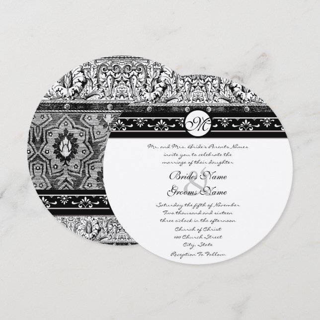 Romanesque Black Damask Swirls Wedding Invitation (Front/Back)